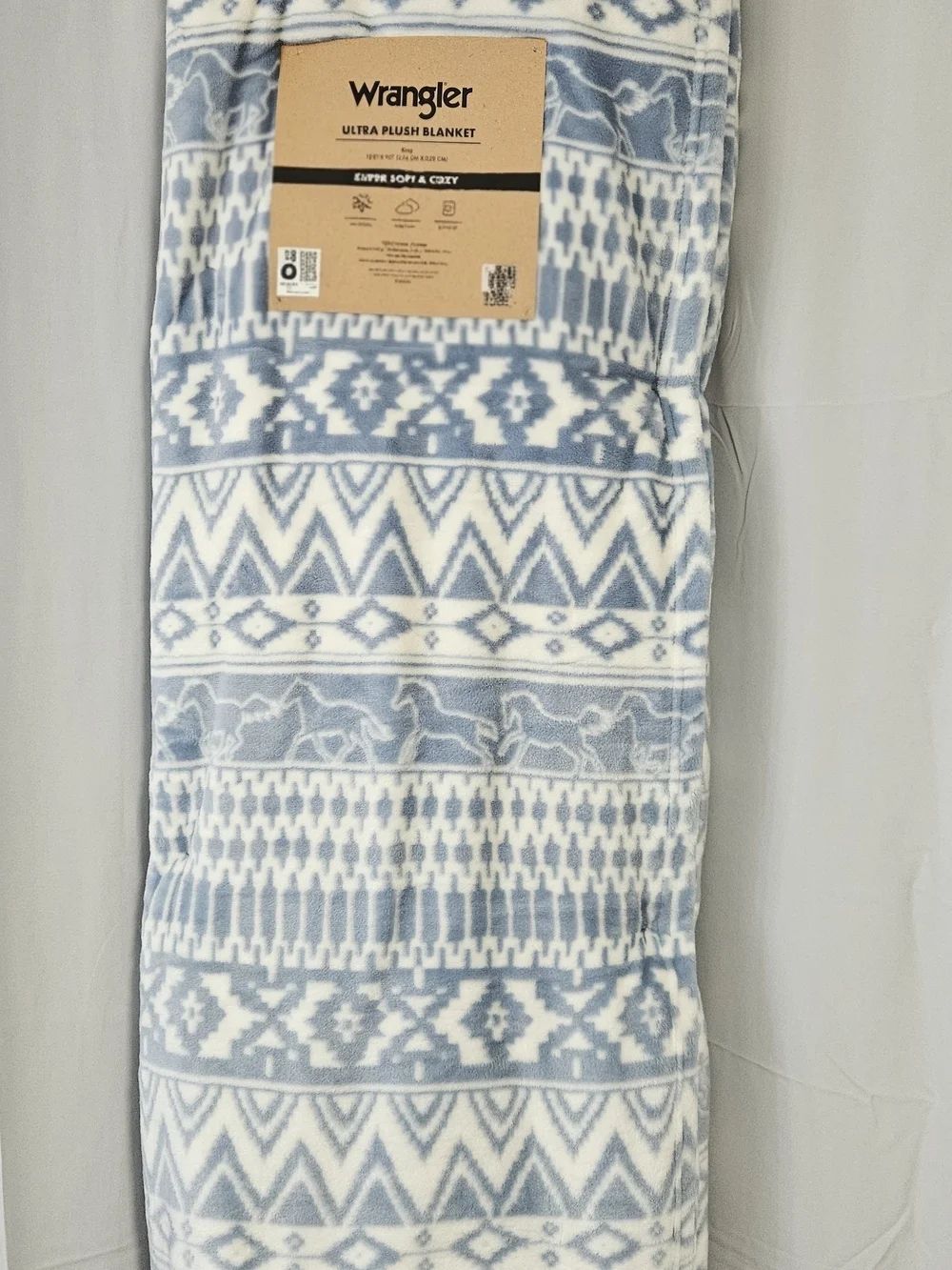 Wrangler King Size Ultra Plush Blanket – Blue & White Western Aztec | NWT